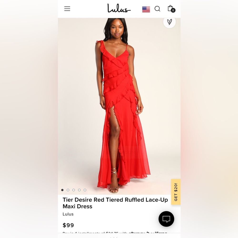 Lulu’s Desire Red Tiered Ruffle Lace-Up Maxi Dress with slit & adjustable straps